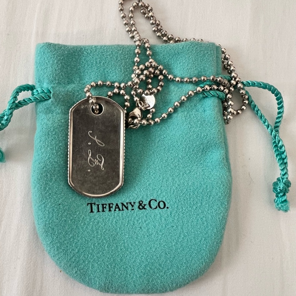 24" Tiffany & Co Mens Coin Edge ID Dog Tag Bead Chain Necklace